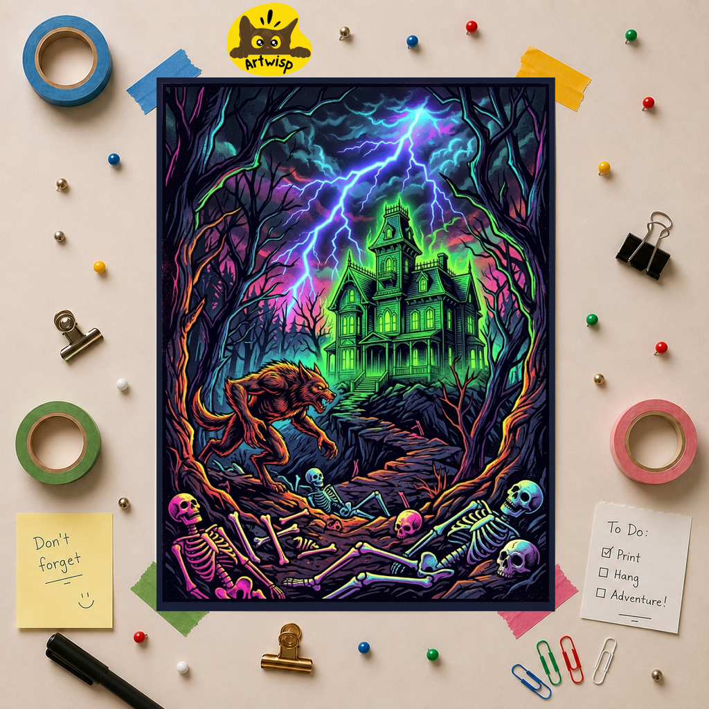 Haunted Manor Neon Pop Art Poster — Spooky Werewolf Horror Wall Art (Rolled Poster)