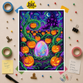 Halloween Pumpkin Patch Poster – Neon Pop Art Jack-o'-Lanterns & Haunted Castle Art Print