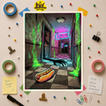 Neon Pop Art Horror Hotdog in a Hallway Poster — Hot Dog & Slime Retro Art Print