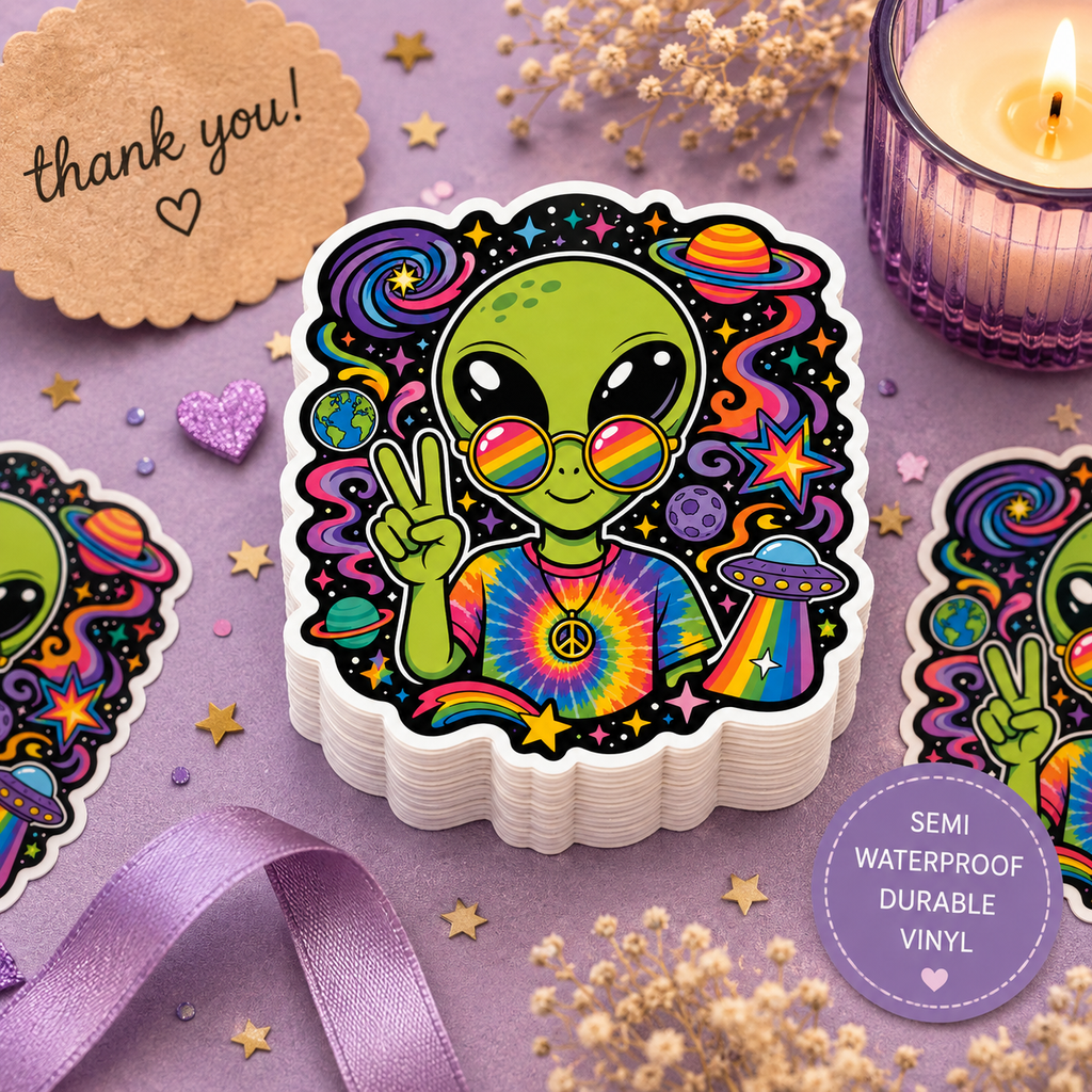 Psychedelic Alien Peace Sticker — Rainbow Tie-Dye UFO Kiss-Cut Decal