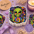 Psychedelic Alien Peace Sticker — Rainbow Tie-Dye UFO Kiss-Cut Decal