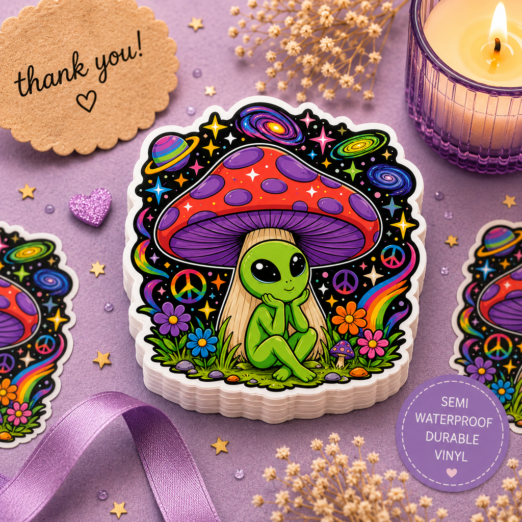 Psychedelic Alien Mushroom Sticker — Cute Retro Space & Peace Sign Kiss-Cut Decal