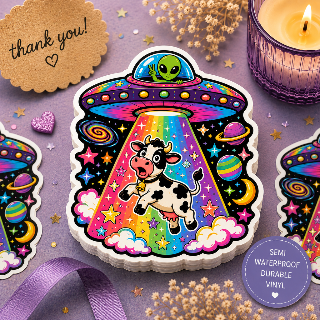 Alien UFO Cow Kiss-Cut Sticker — Colorful Rainbow Space Abduction Vinyl Decal