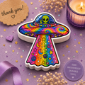Psychedelic Alien UFO Sticker — Rainbow Tie-Dye Peace & Stars Kiss-Cut