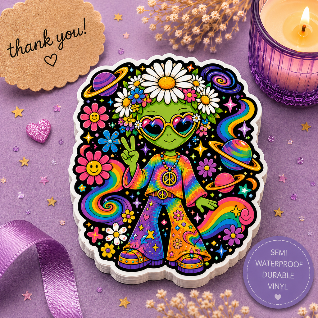 70's Hippie Alien Kiss-Cut Sticker — Retro Rainbow Peace Vibes