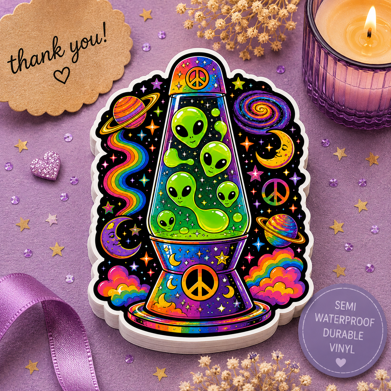 Psychedelic Alien Lava Lamp Kiss-Cut Sticker — Retro Space Peace Design