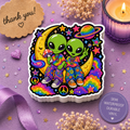 Psychedelic Alien Friends Sticker — Peace Sign, Rainbow Moon Kiss-Cut Sticker