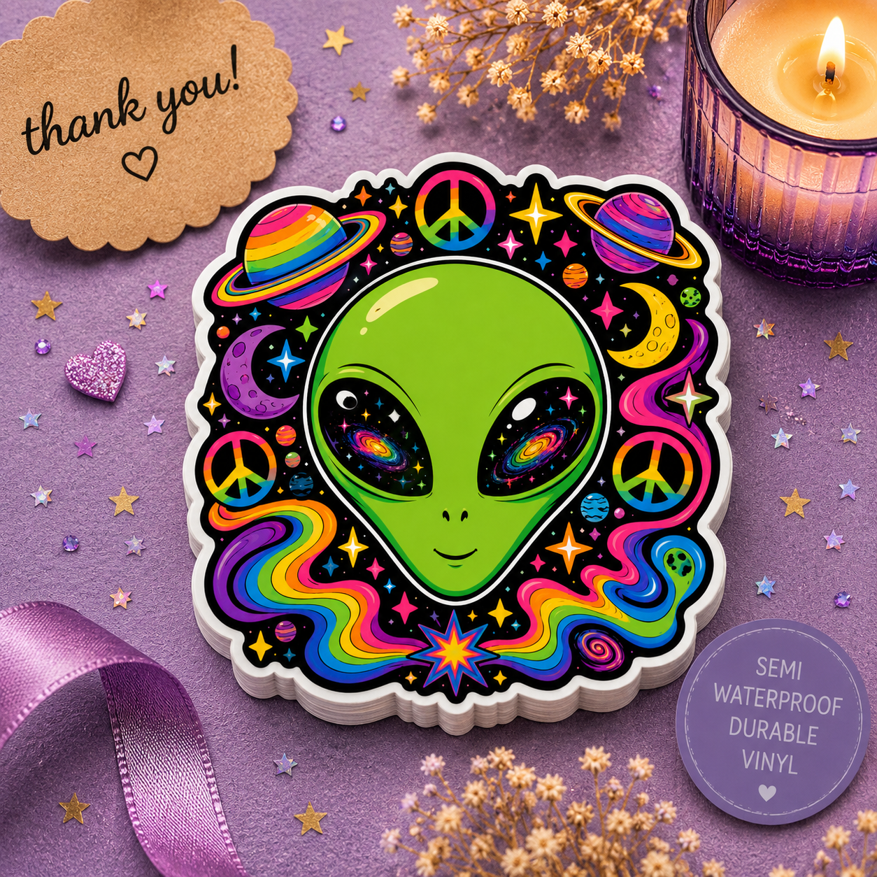 Psychedelic Alien Sticker — Retro Rainbow Peace Space Kiss-Cut Sticker