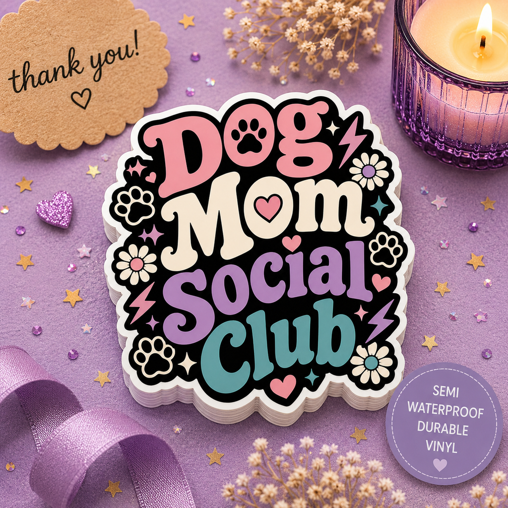 Dog Mom Social Club Sticker — Retro Floral Paw Print Kiss-Cut Sticker