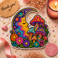 Psychedelic Moon & Mushroom Kiss-Cut Sticker — Retro Floral Peace Vibes