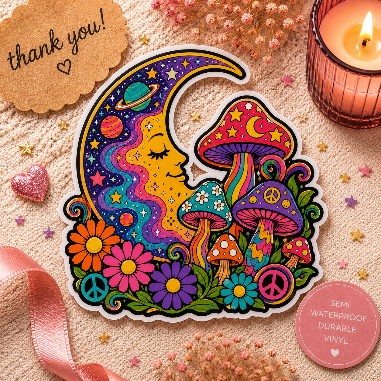 Psychedelic Moon & Mushroom Kiss-Cut Sticker — Retro Floral Peace Vibes