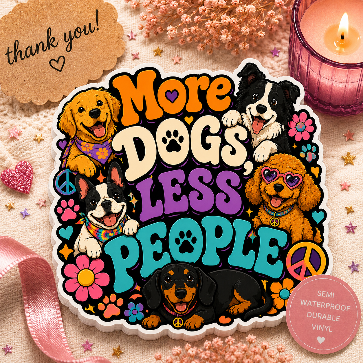 More Dogs Less People Sticker — Retro Hippie Dog Laptop Kiss-Cut Sticker