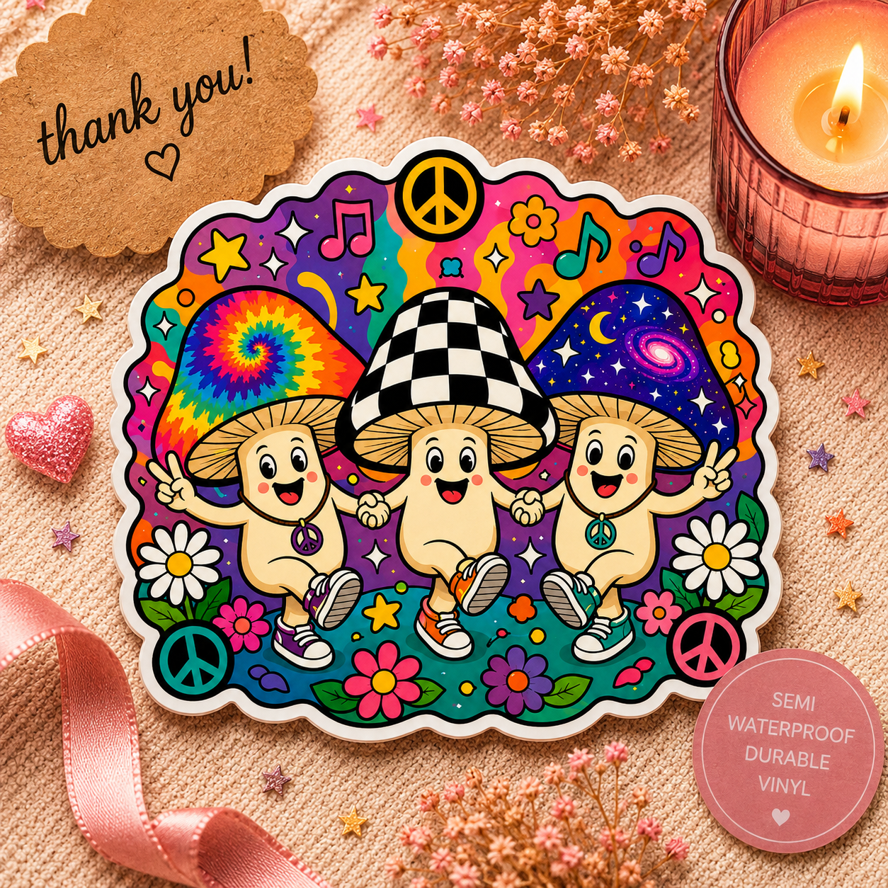 Psychedelic Mushroom Trio Kiss-Cut Sticker — Cute Hippie Peace & Flowers