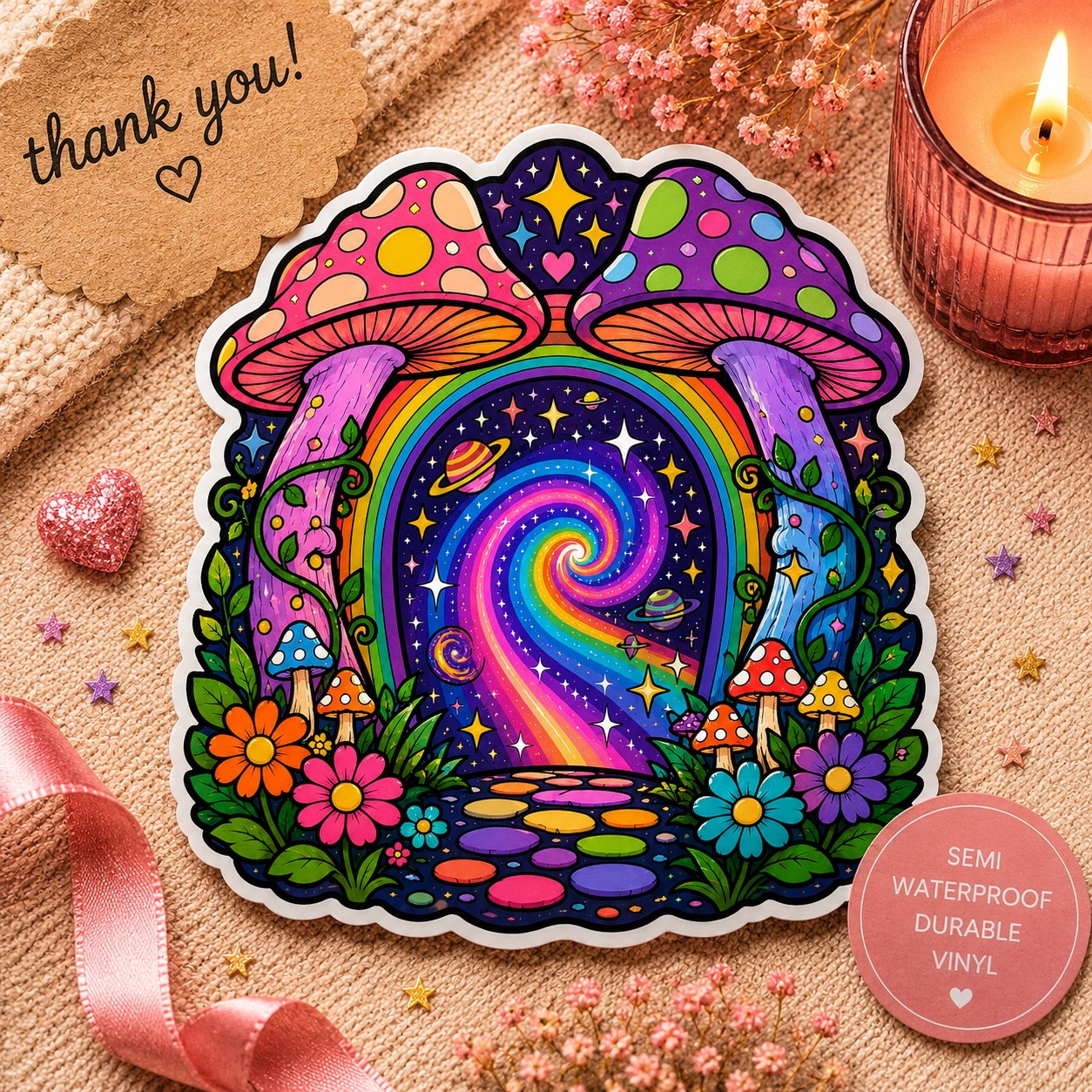 Psychedelic Mushroom Portal Sticker — Colorful Trippy Kiss-Cut Decal
