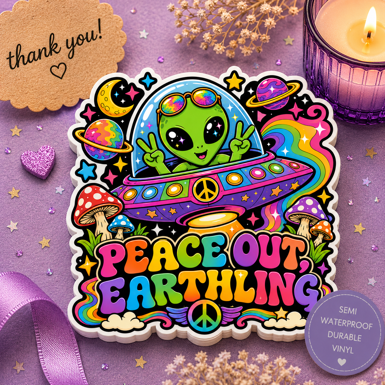 Peace Out Earthling Sticker — Retro Psychedelic Alien Kiss-Cut Vinyl