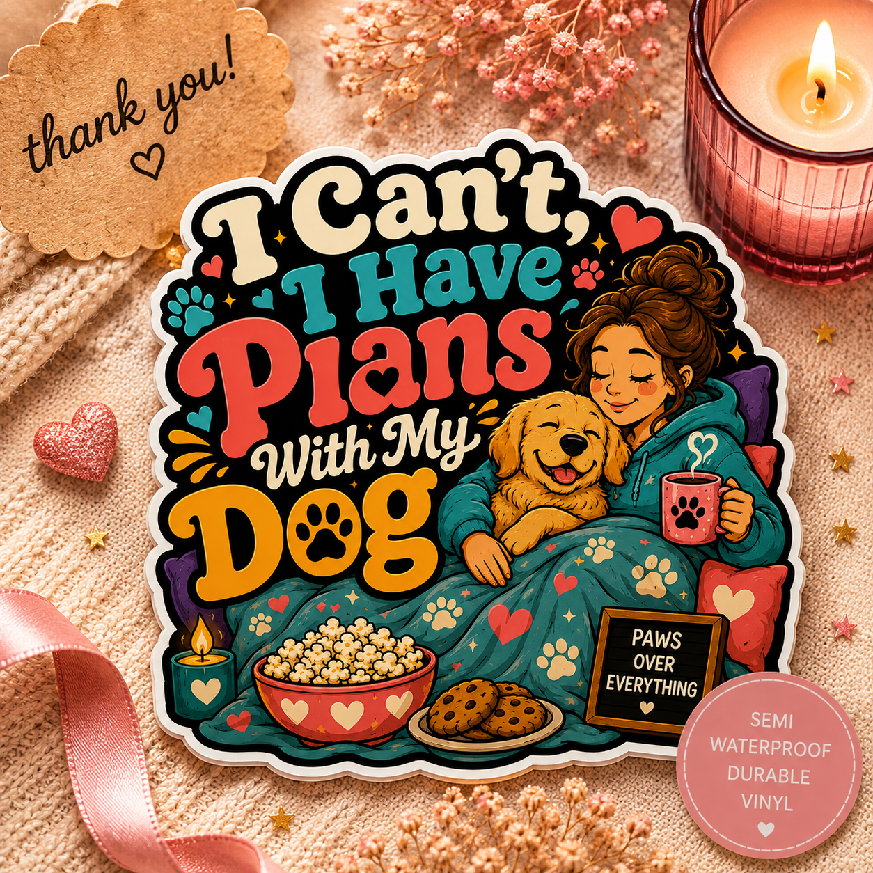 Dog Lover Sticker — "I Can’t, I Have Plans With My Dog" Cozy Stay-In Design