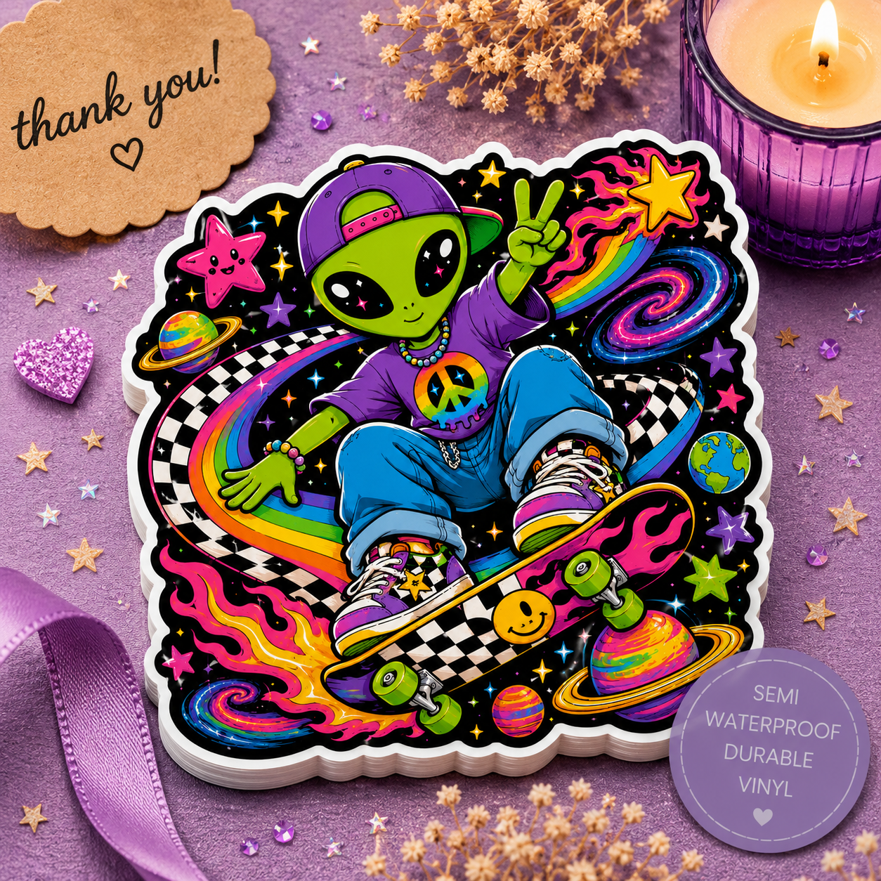 Alien Skateboarder Kiss-Cut Sticker — Neon Cosmic Peace Sign