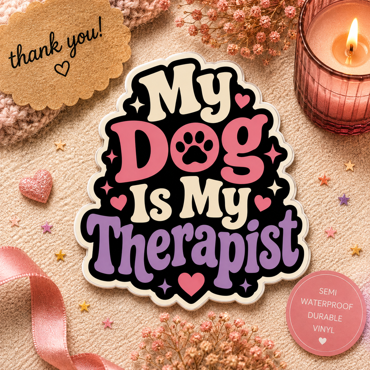My Dog Is My Therapist Kiss-Cut Sticker — Cute Paw Print Mental Health Pet Decal