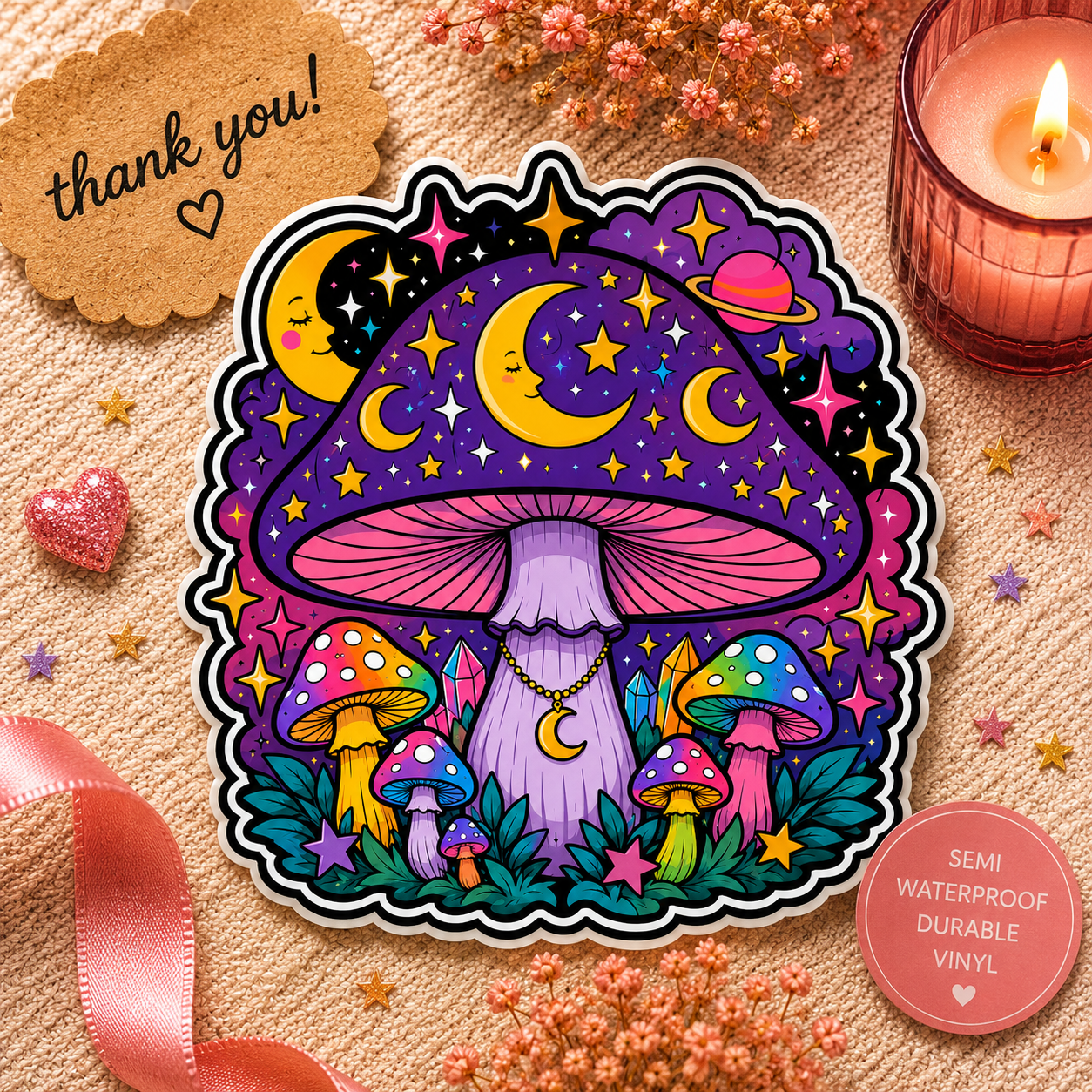 Psychedelic Moon Mushroom Sticker — Colorful Night Sky Kiss-Cut Sticker