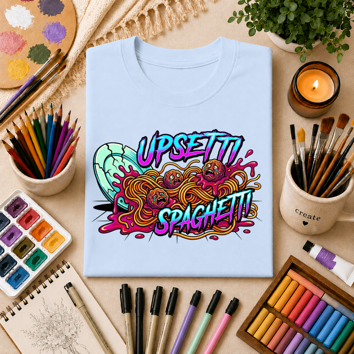 Upsetti Spaghetti T-Shirt — Funny Cartoon Spilled Pasta Graphic Tee