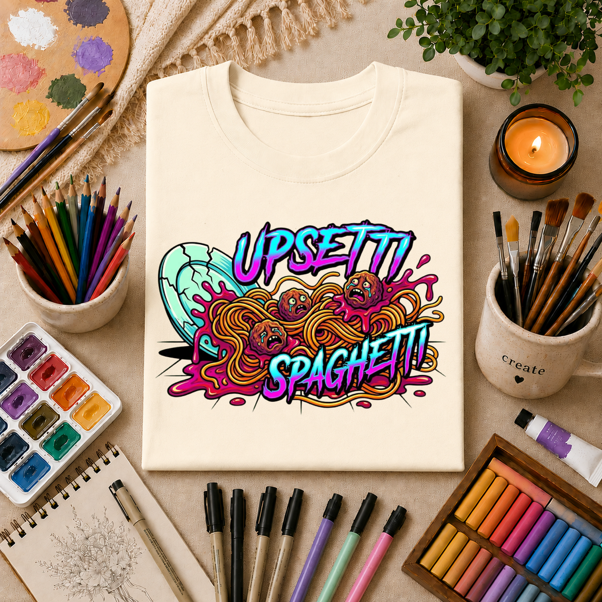 Upsetti Spaghetti T-Shirt — Funny Cartoon Spilled Pasta Graphic Tee