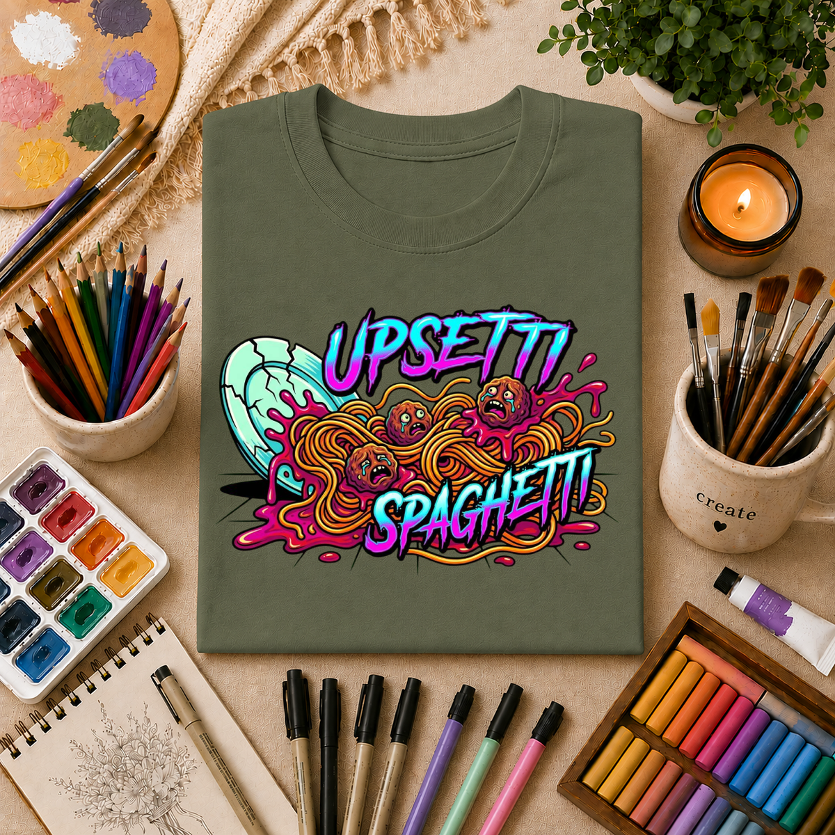 Upsetti Spaghetti T-Shirt — Funny Cartoon Spilled Pasta Graphic Tee