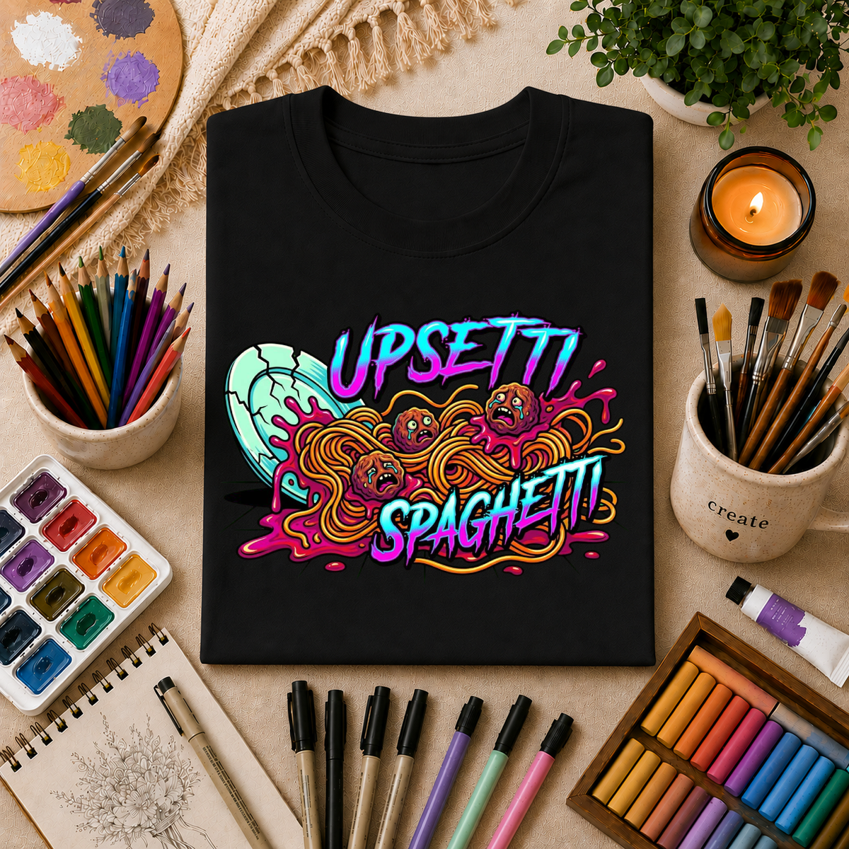 Upsetti Spaghetti T-Shirt — Funny Cartoon Spilled Pasta Graphic Tee