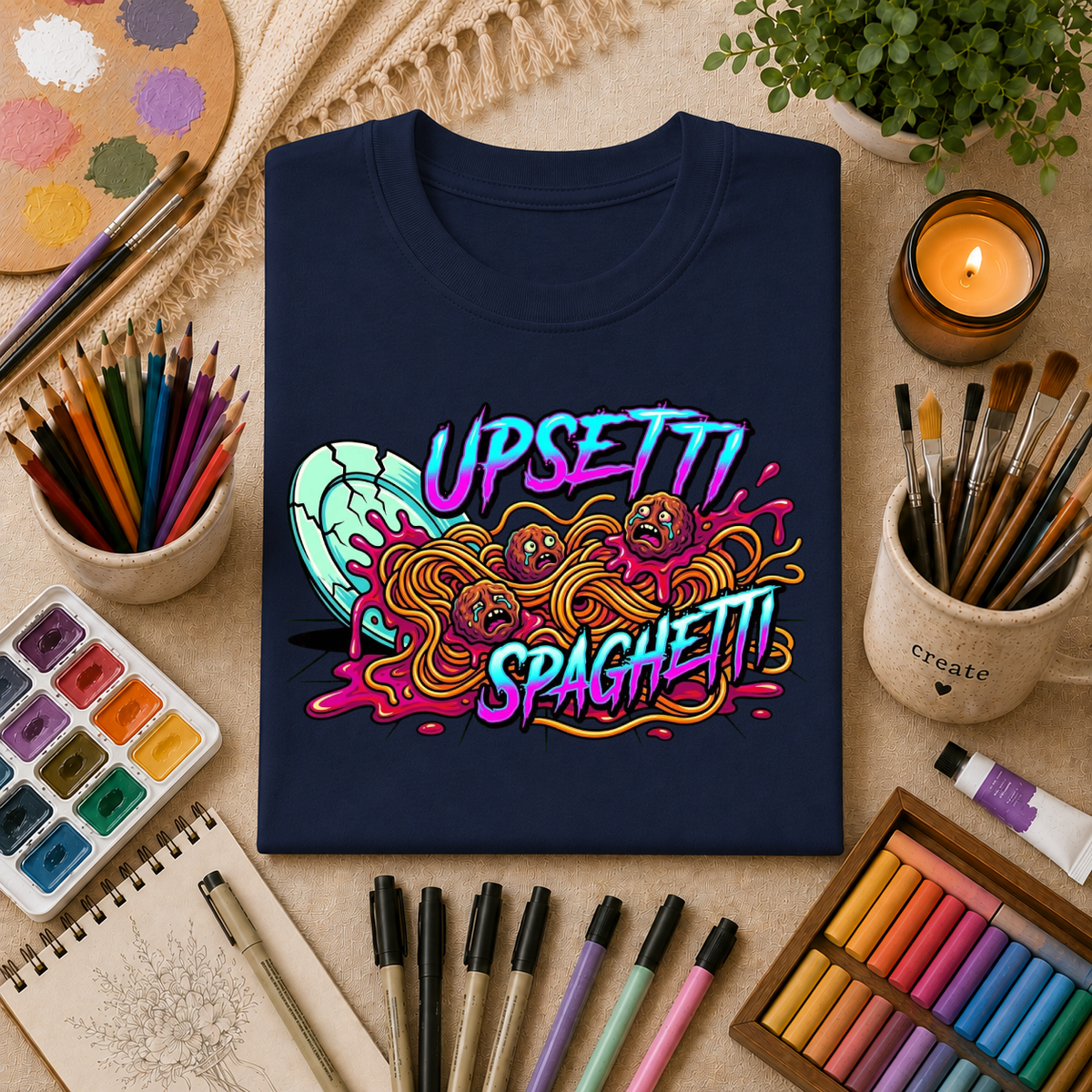Upsetti Spaghetti T-Shirt — Funny Cartoon Spilled Pasta Graphic Tee