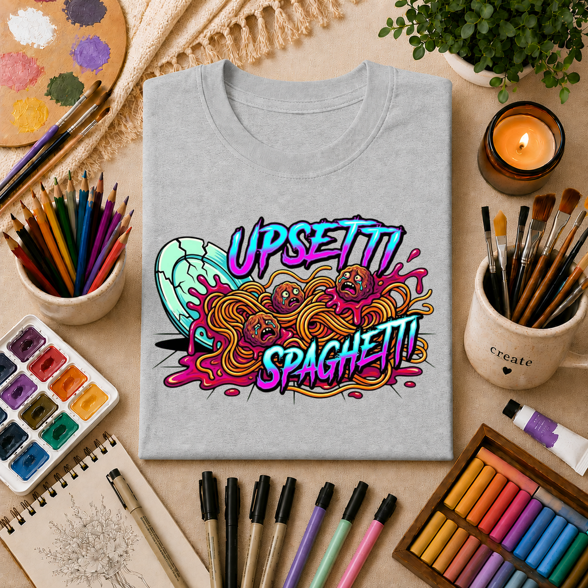 Upsetti Spaghetti T-Shirt — Funny Cartoon Spilled Pasta Graphic Tee