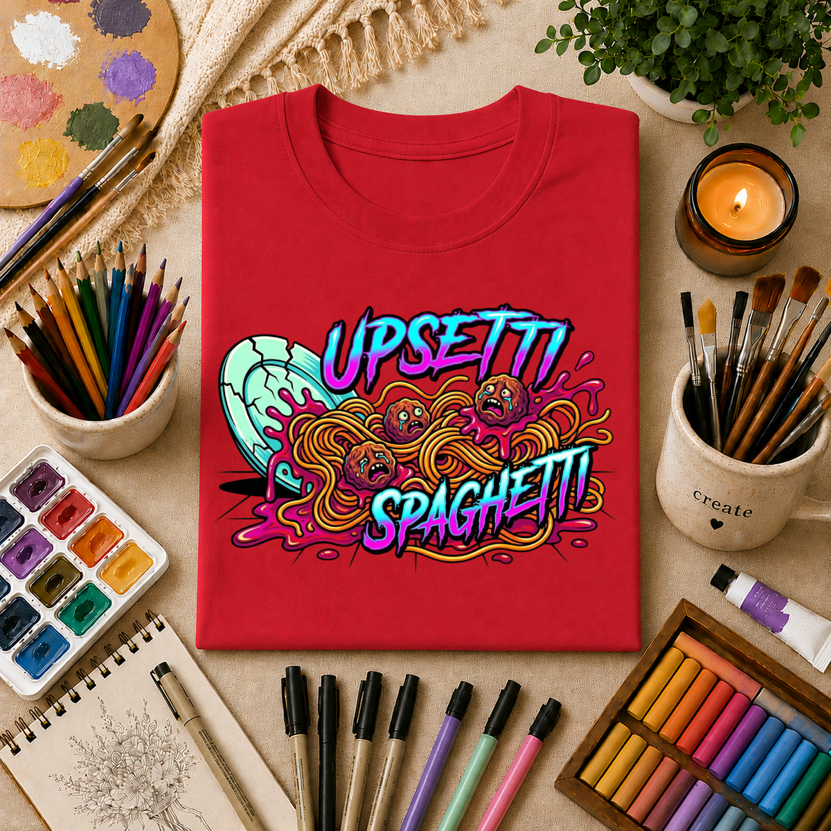 Upsetti Spaghetti T-Shirt — Funny Cartoon Spilled Pasta Graphic Tee