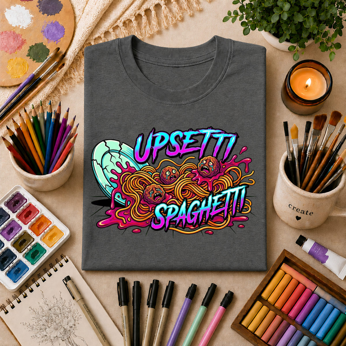 Upsetti Spaghetti T-Shirt — Funny Cartoon Spilled Pasta Graphic Tee