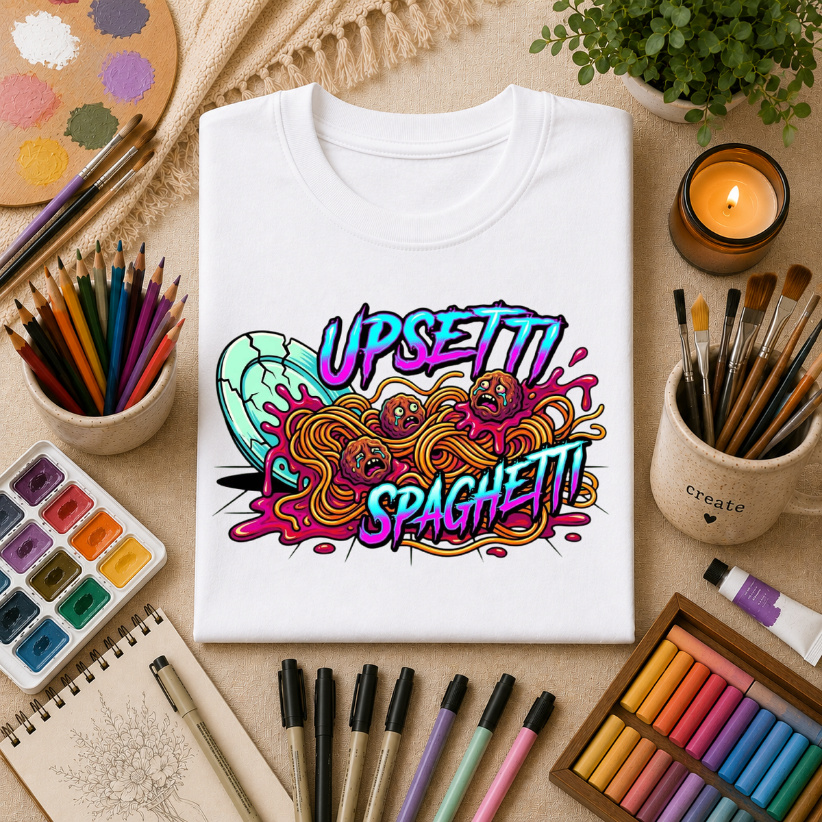 Upsetti Spaghetti T-Shirt — Funny Cartoon Spilled Pasta Graphic Tee