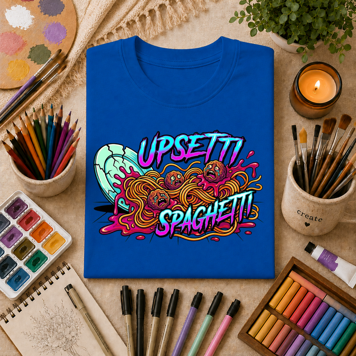 Upsetti Spaghetti T-Shirt — Funny Cartoon Spilled Pasta Graphic Tee