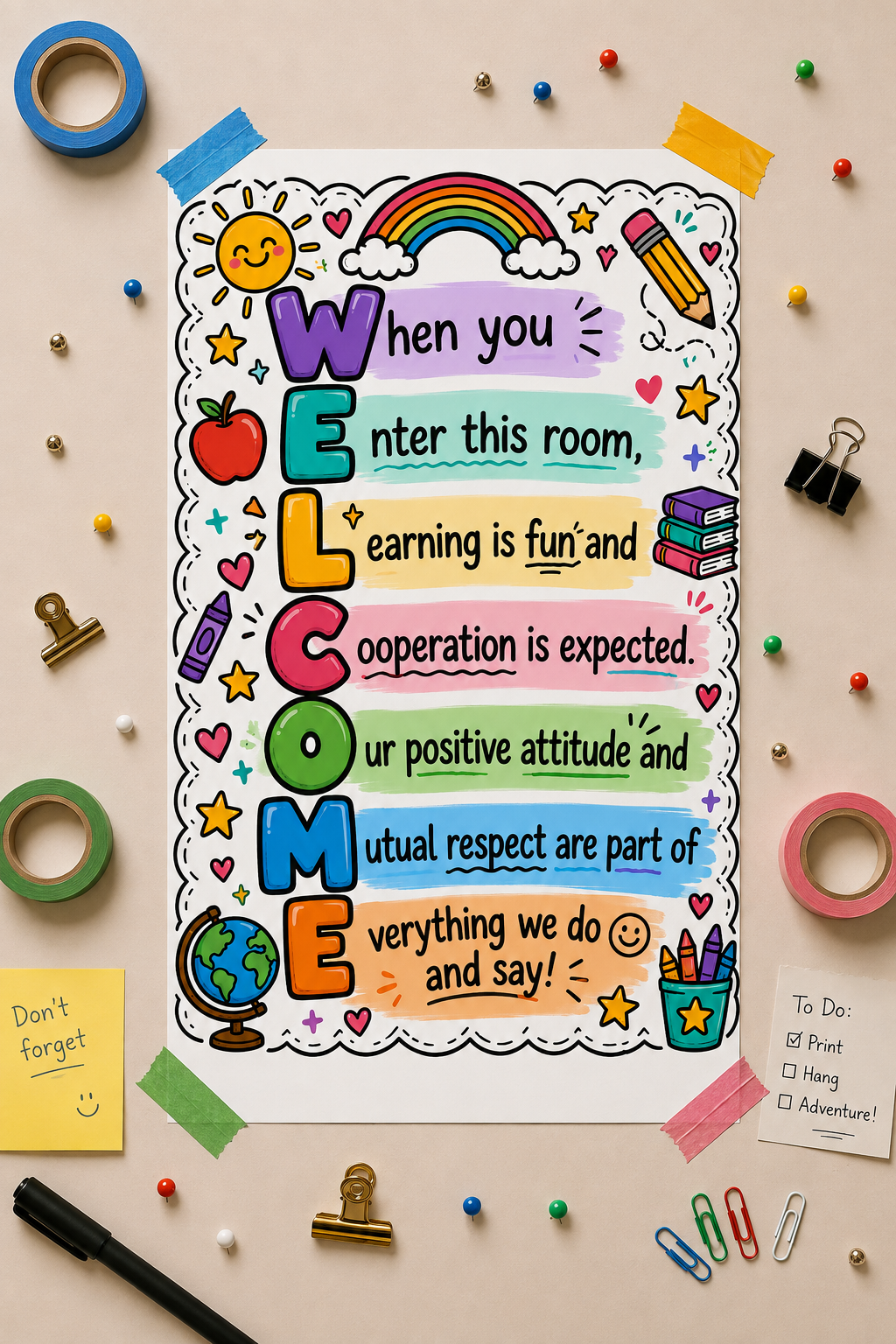 Welcome Classroom Poster — Colorful 'WELCOME' Rules Rolled Poster for Teachers & Schools