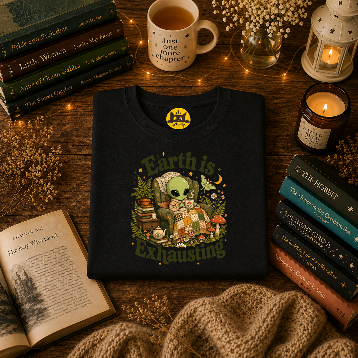 Earth Is Exhausting Alien T-Shirt — Cute Retro Cozy Space Graphic Tee