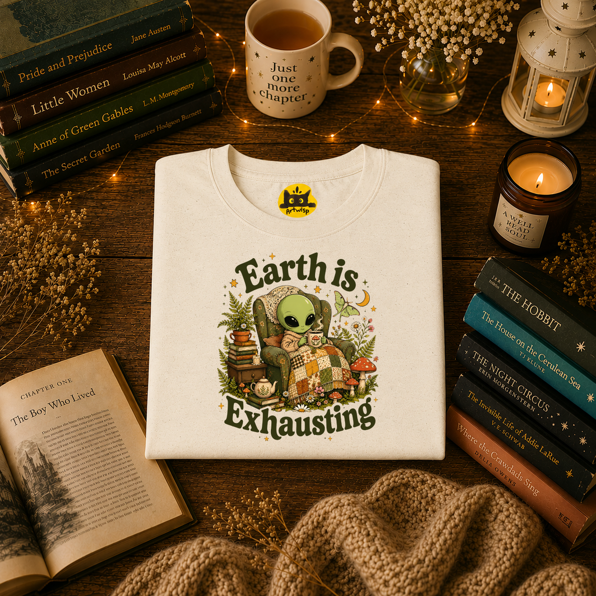 Earth Is Exhausting Alien T-Shirt — Cute Retro Cozy Space Graphic Tee