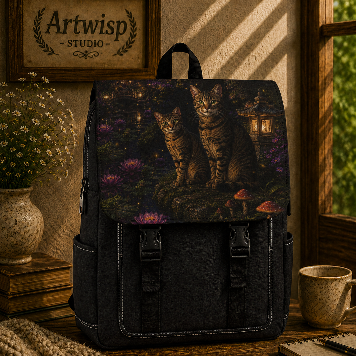 Mystic Cat Night Backpack — Floral Moonlight Shoulder Bag