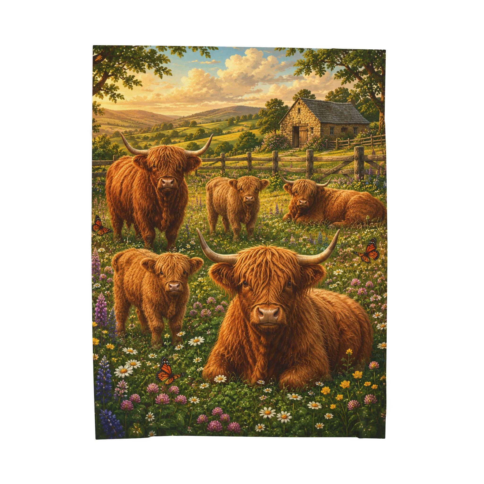 Highland Cattle Velveteen Plush Blanket — Cozy Farmhouse Throw with Highland Cow Family Design