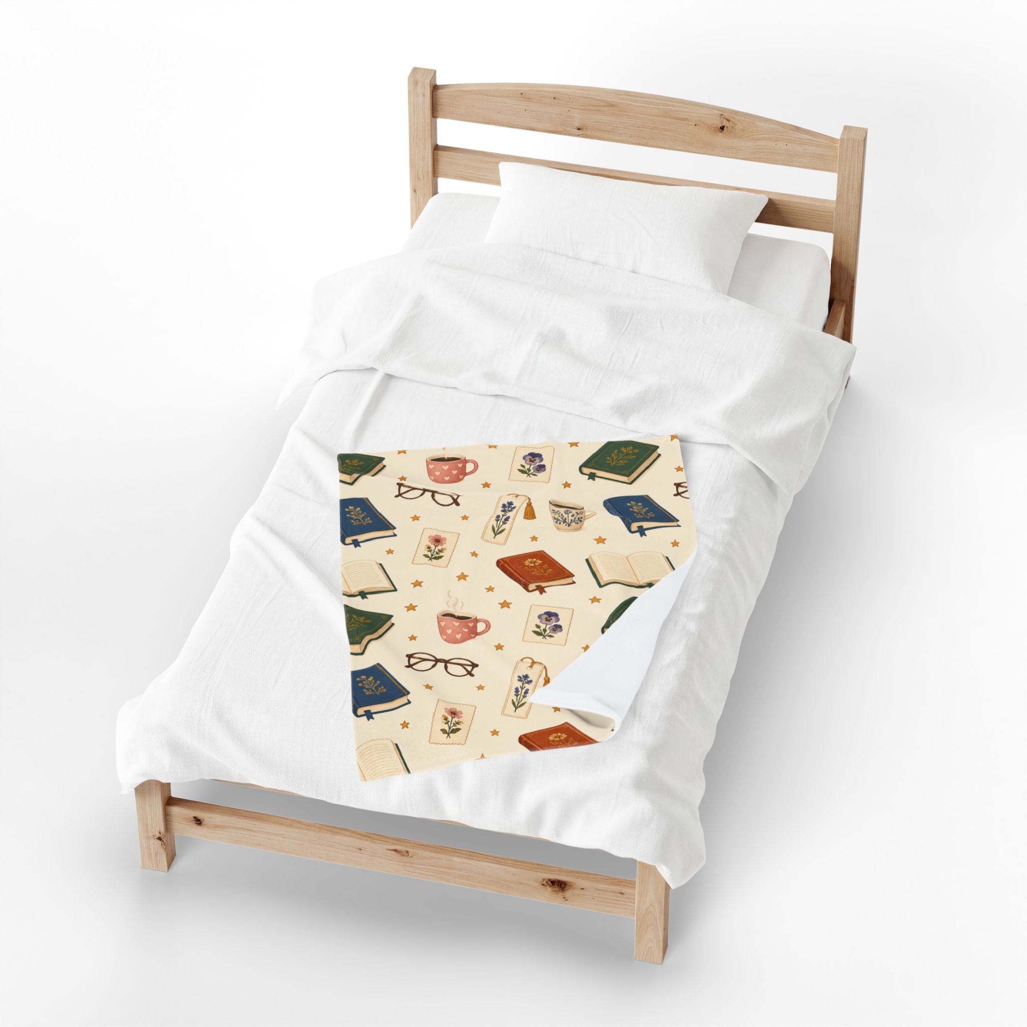 Reading Nook Velveteen Plush Blanket — Cozy Book & Tea Pattern Throw