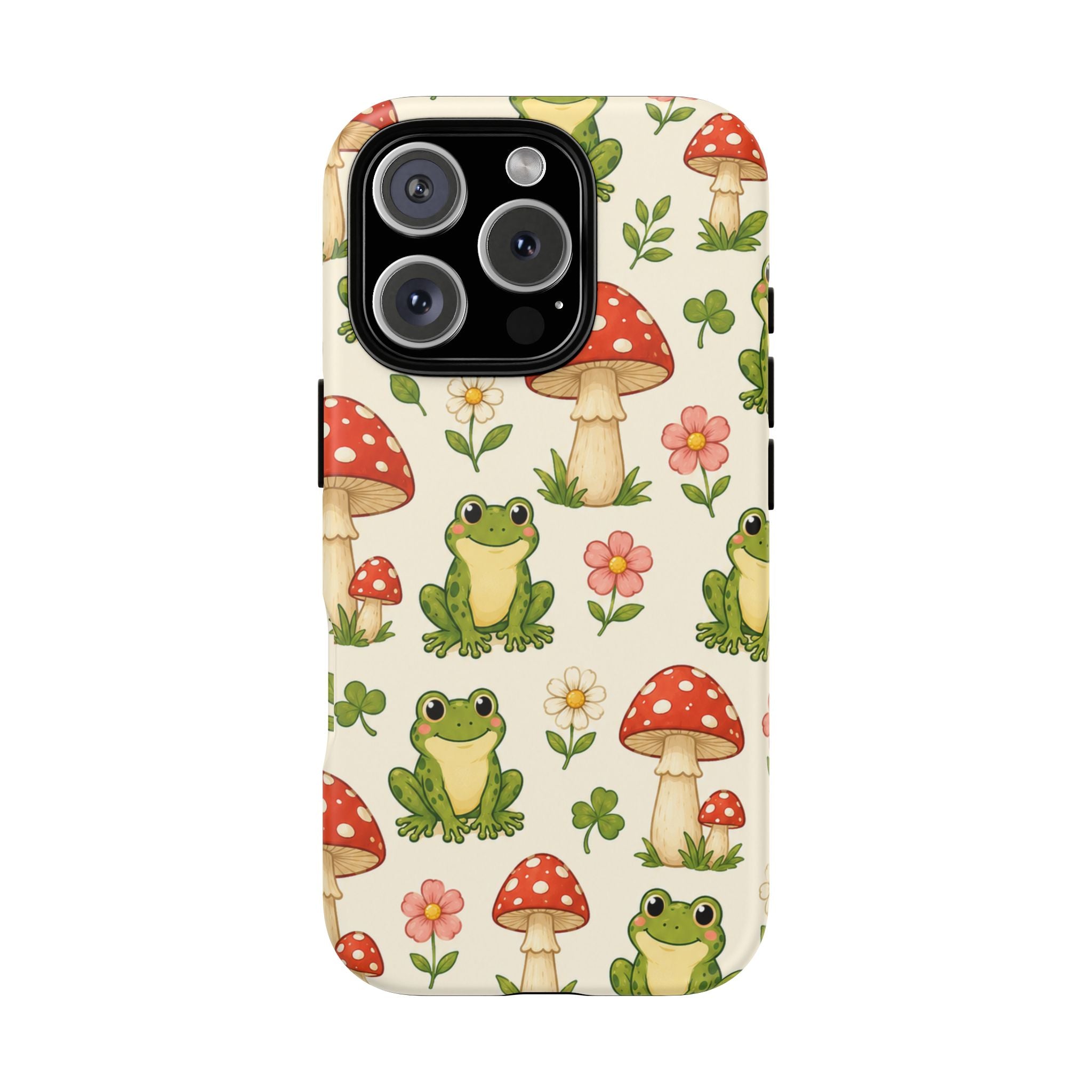 Kawaii Frog & Red Capped Mushroom Phone Case – Cute Nature Pattern Protective Cover