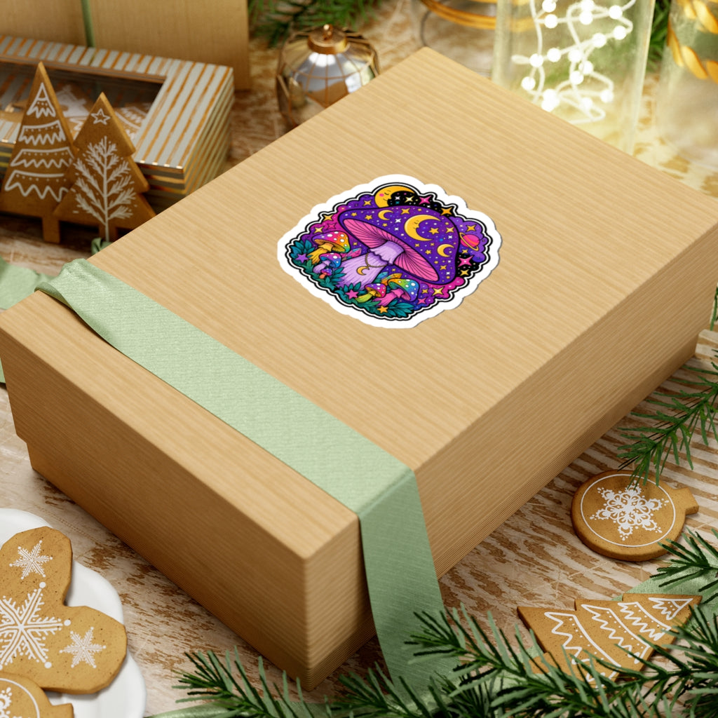 Psychedelic Moon Mushroom Sticker — Colorful Night Sky Kiss-Cut Sticker