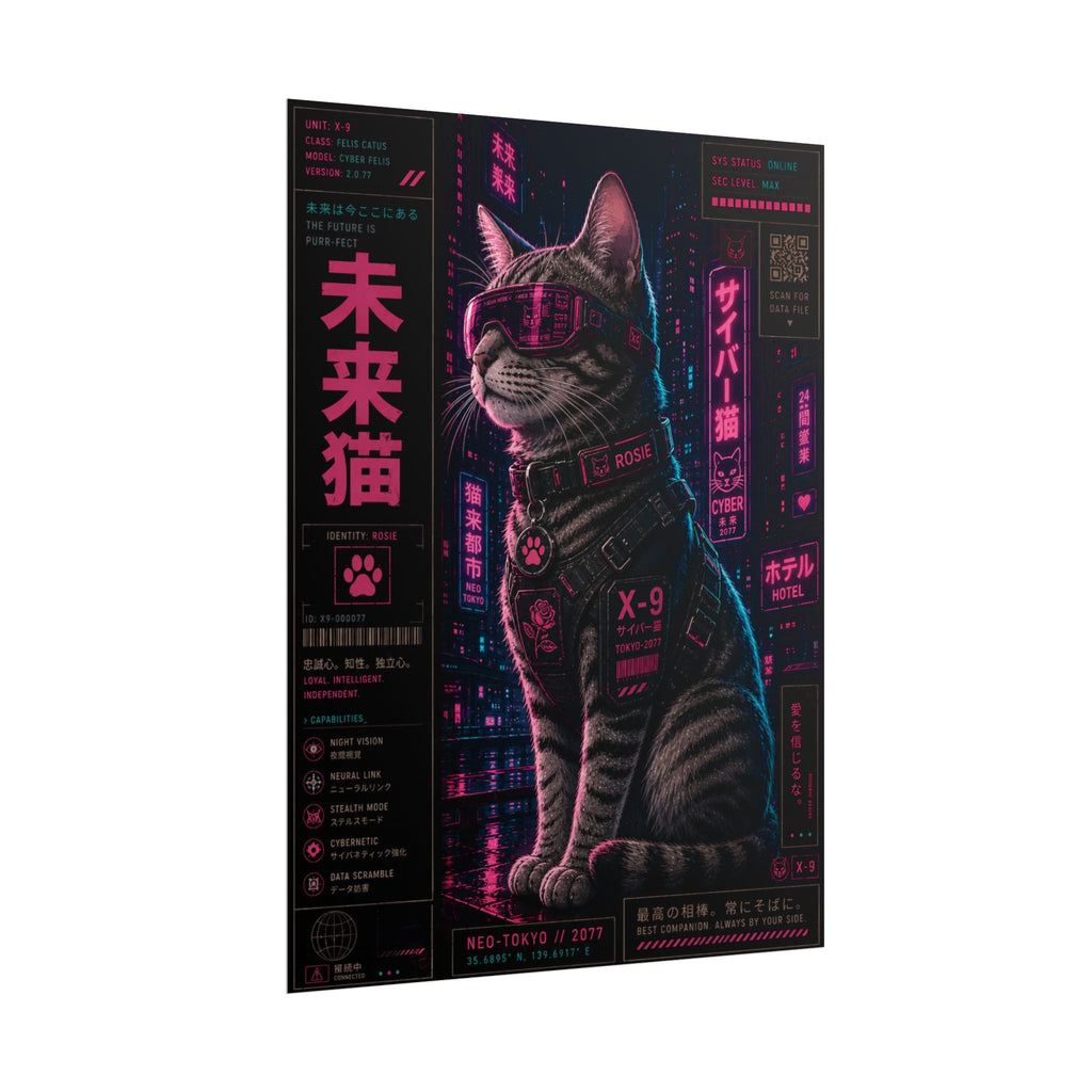 Cyberpunk Cat Poster — Neon Futuristic Kawaii Cat Wall Art (Rolled Poster)