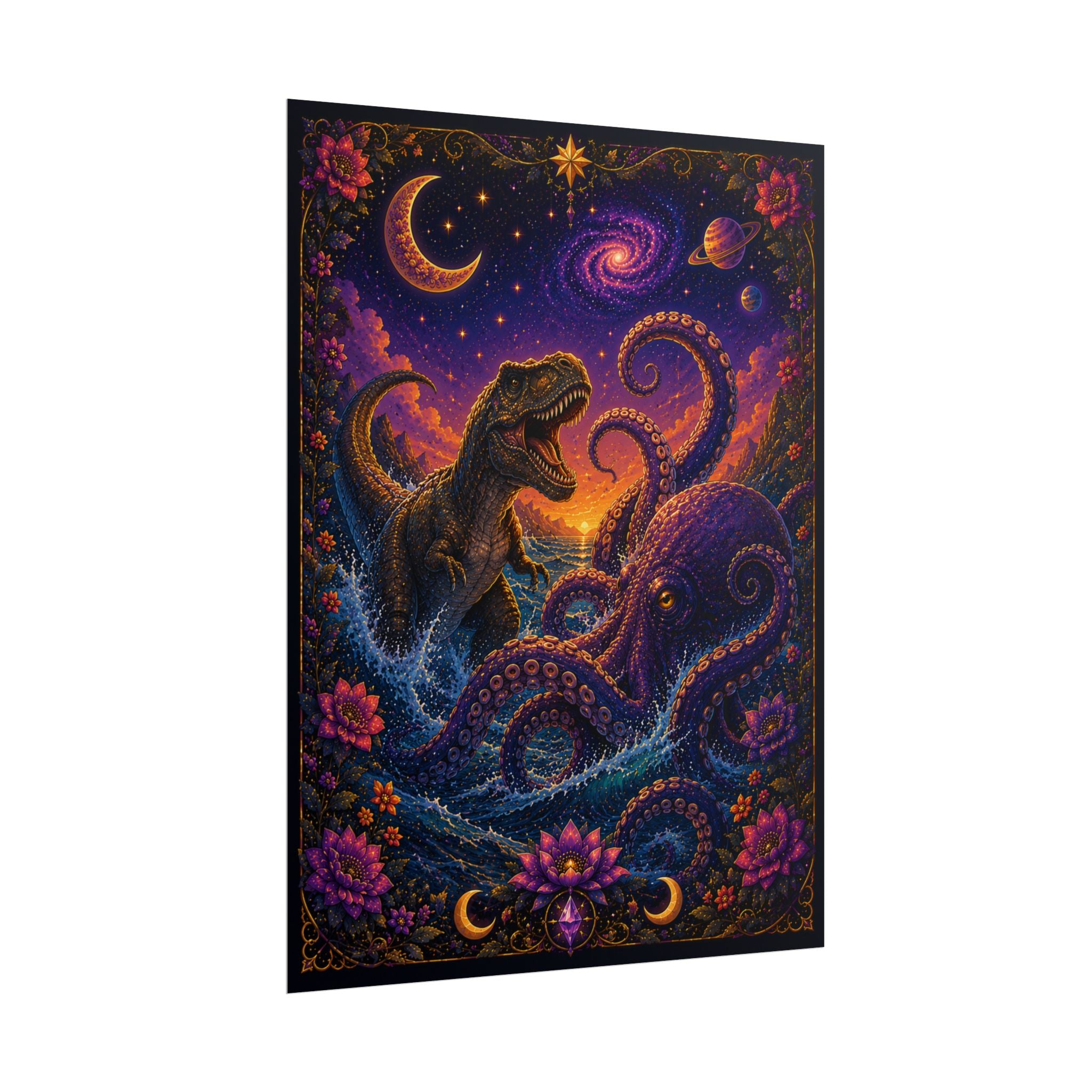 T-Rex vs. Kraken Cosmic Art Poster — Psychedelic Dinosaur Print