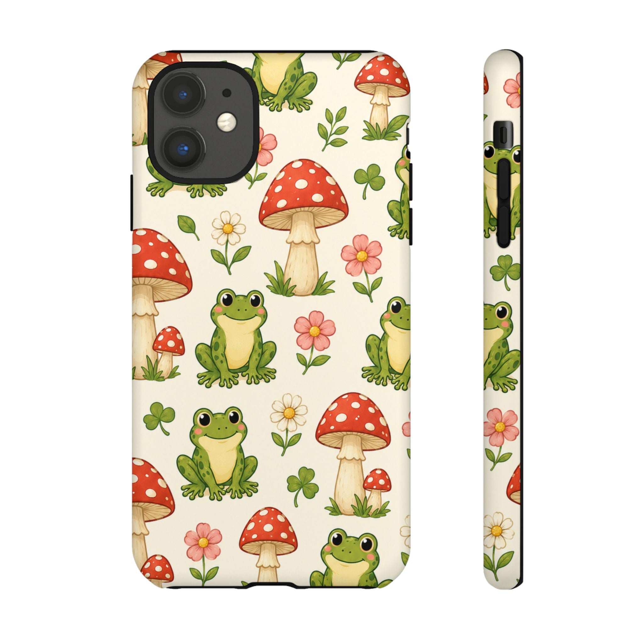 Kawaii Frog & Red Capped Mushroom Phone Case – Cute Nature Pattern Protective Cover