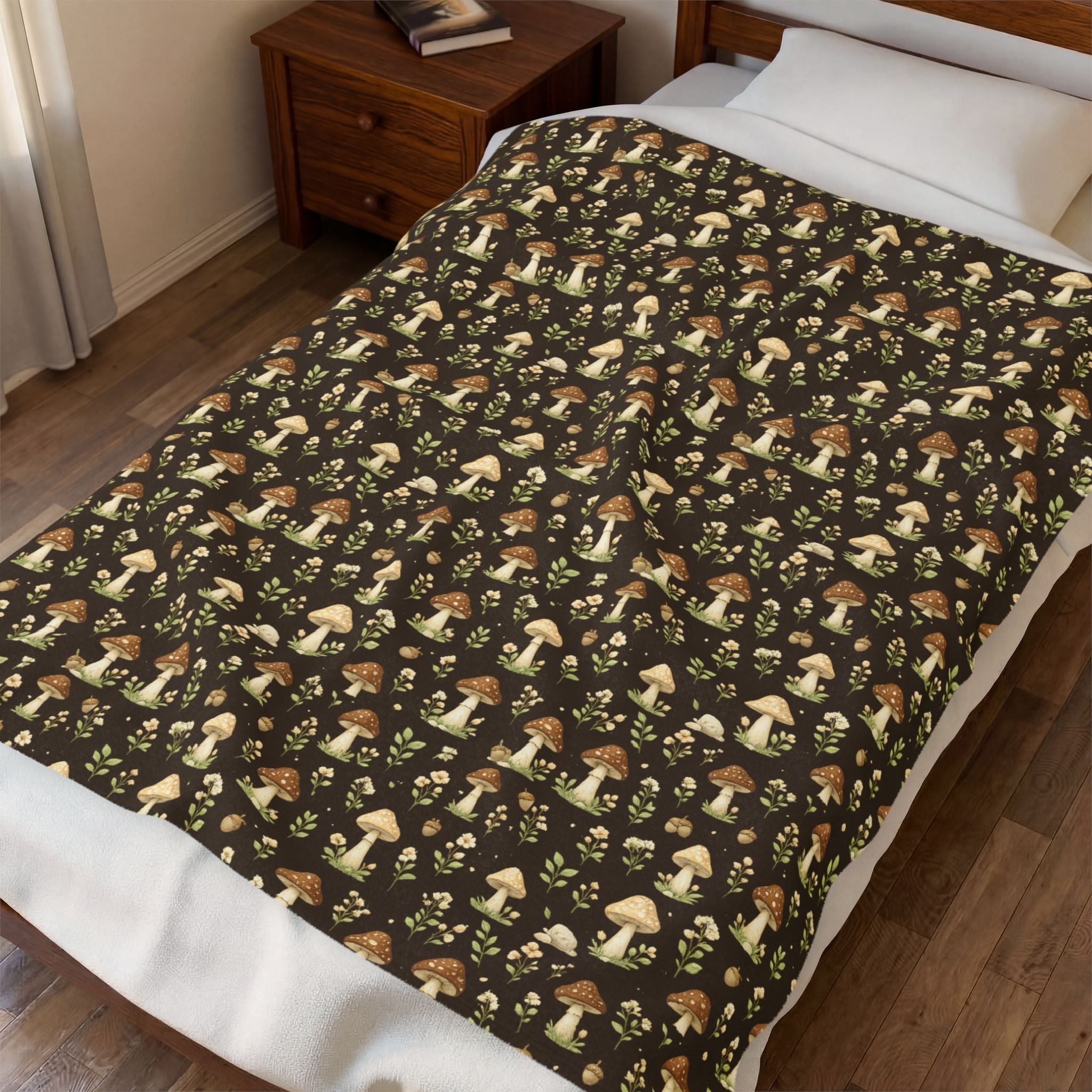 Cottagecore Mushroom Garden Velveteen Plush Blanket – Cozy Forest Pattern Throw