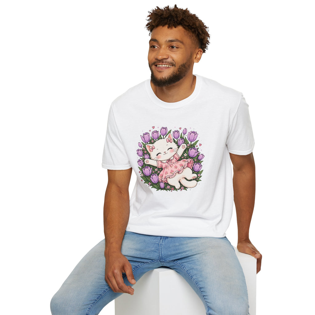 Cute Floral Cat T-Shirt — Happy Kitten in Tulips Graphic Tee