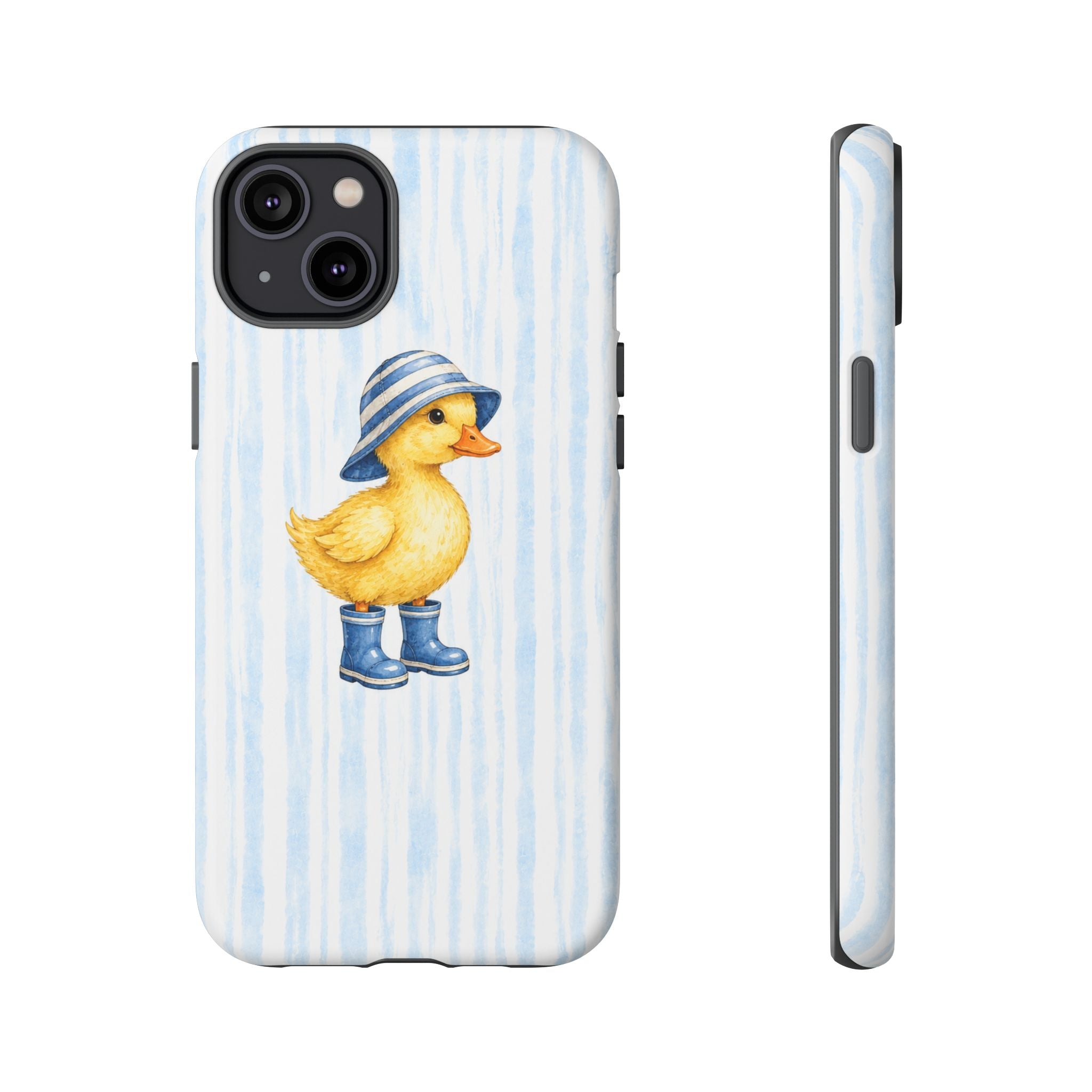 Cute Duckling Phone Case – Baby Blue Stripes with Duck in Hat & Boots