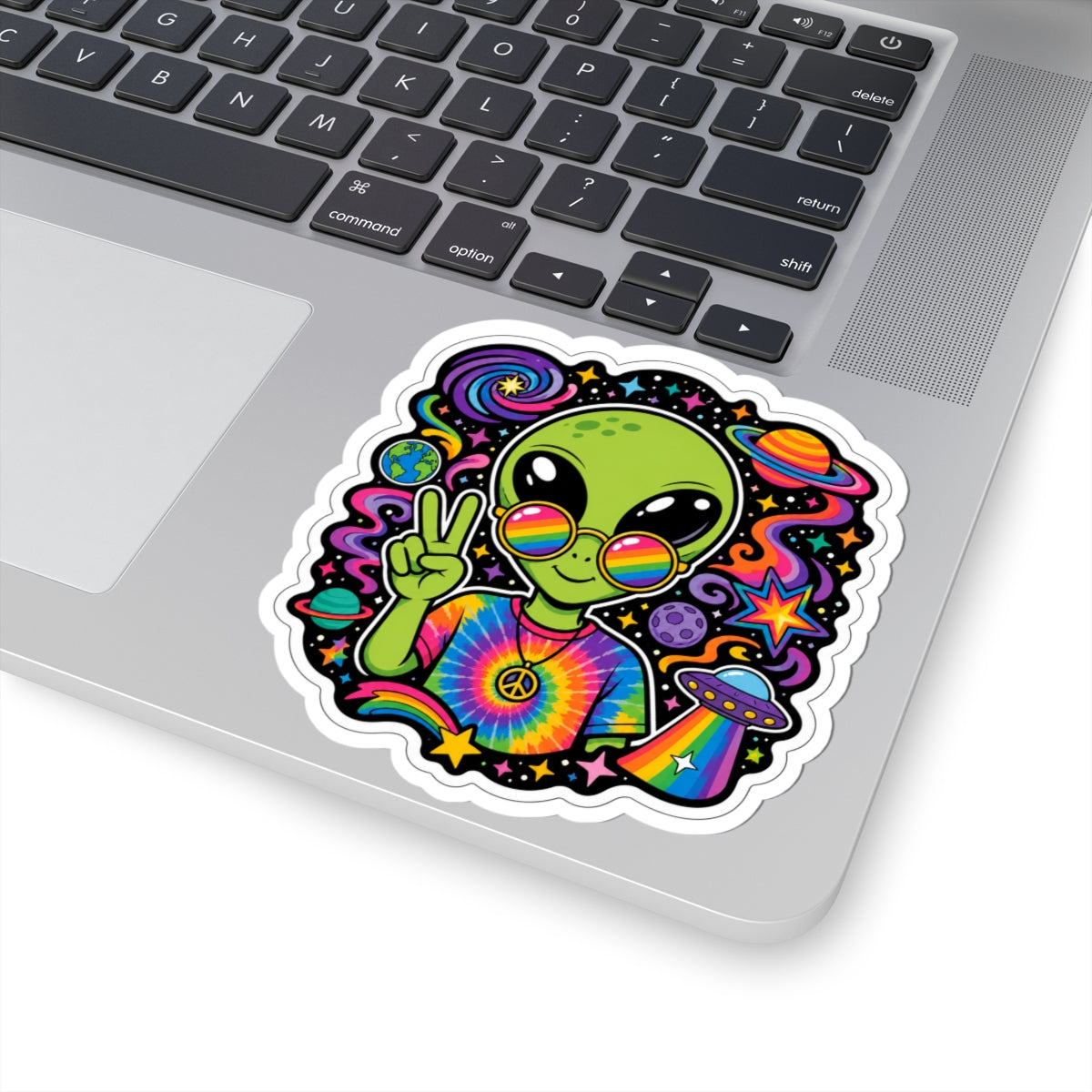 Psychedelic Alien Peace Sticker — Rainbow Tie-Dye UFO Kiss-Cut Decal