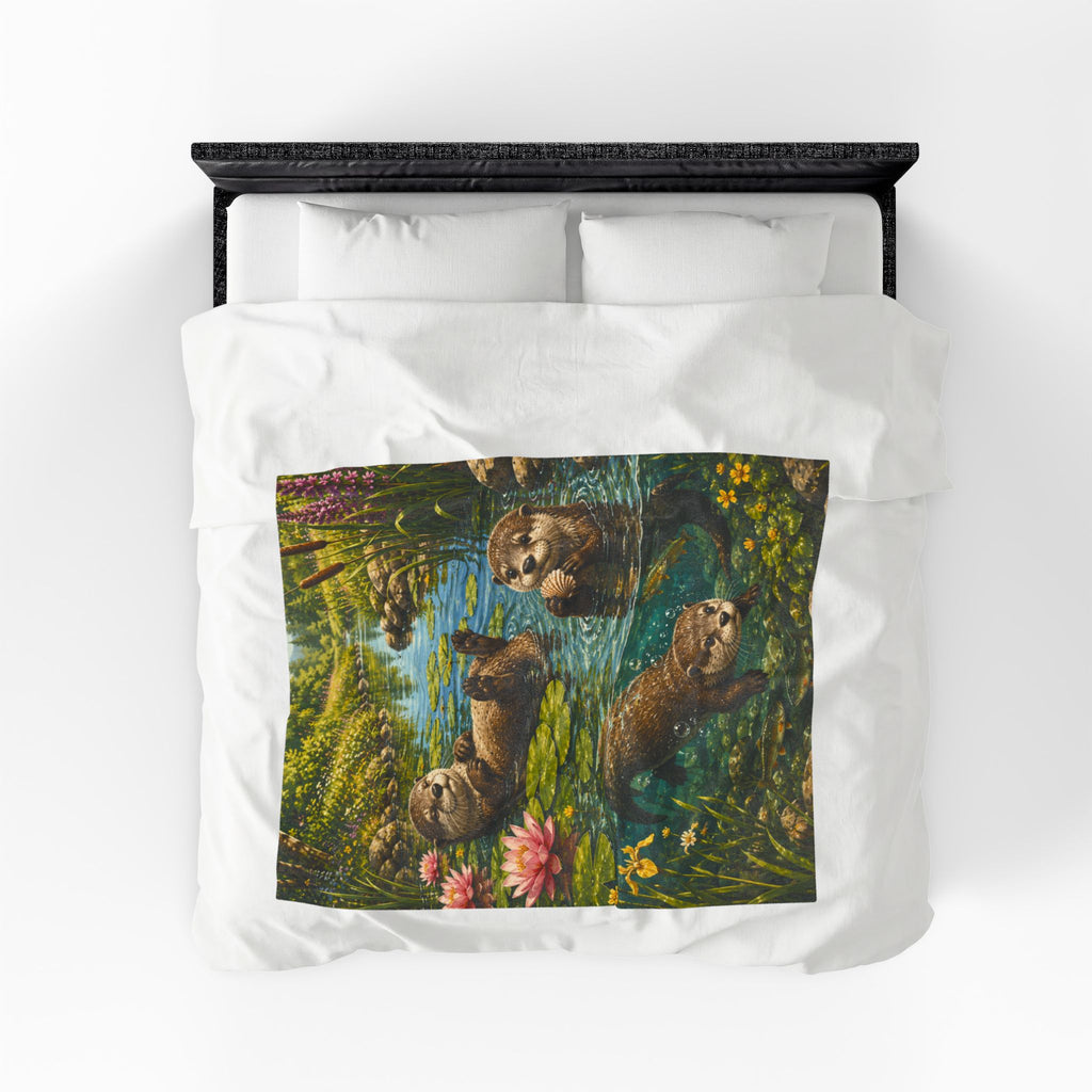 Otter Pond Velveteen Plush Blanket — Cozy Floral River Animal Throw