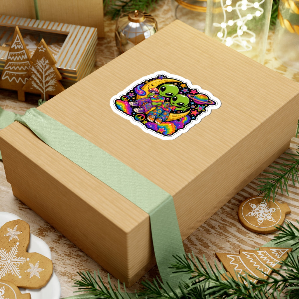 Psychedelic Alien Friends Sticker — Peace Sign, Rainbow Moon Kiss-Cut Sticker
